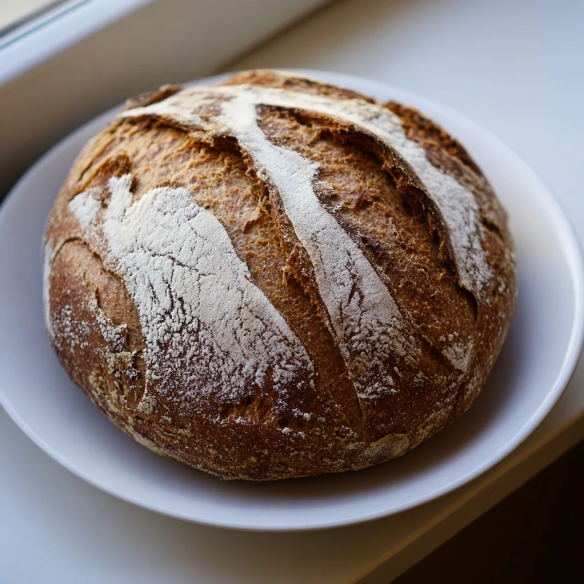Freshly baked sourdough bread cooling on wire rack with deep crackly crust