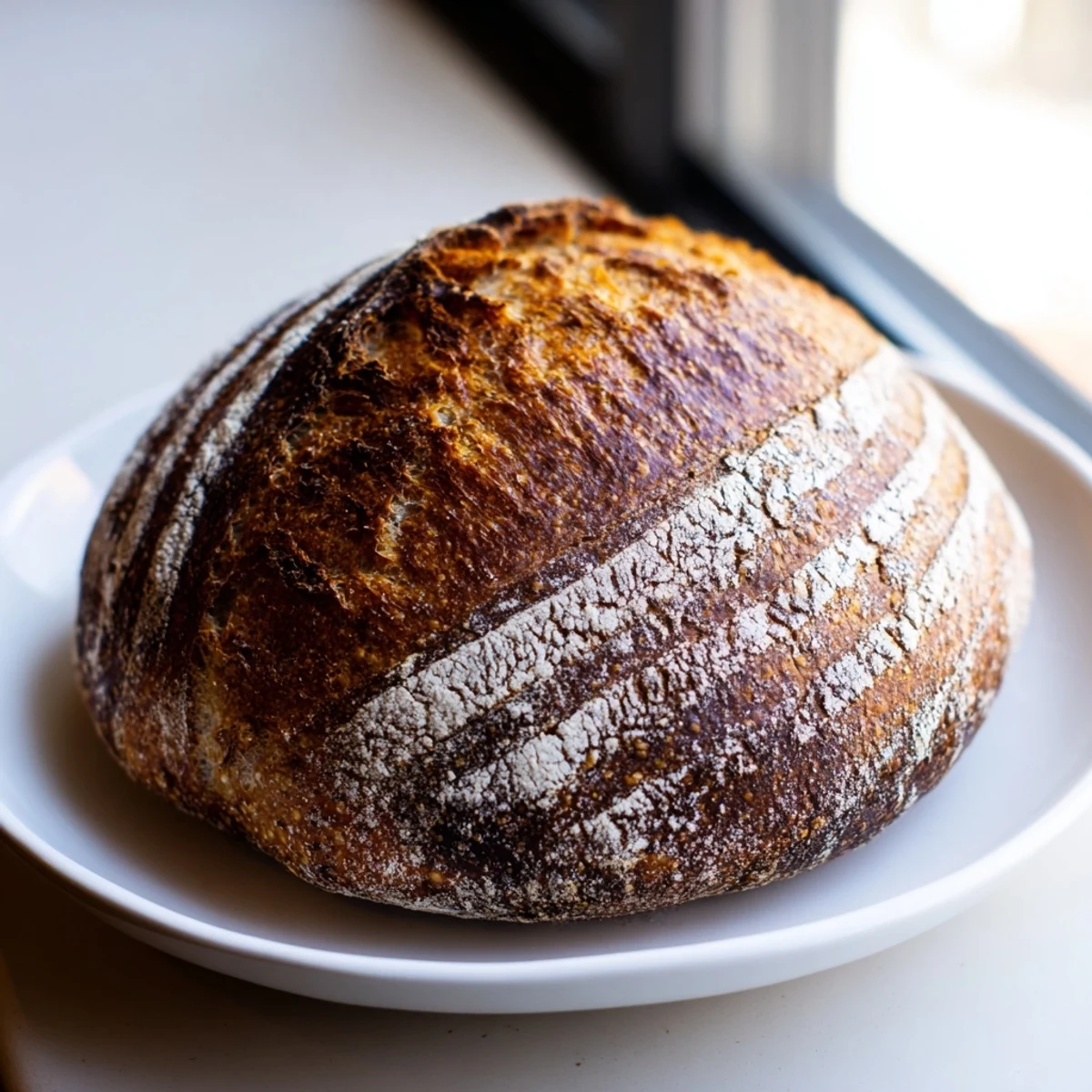 Sliced rustic sourdough bread displaying airy holes and tangy fermented crumb texture
