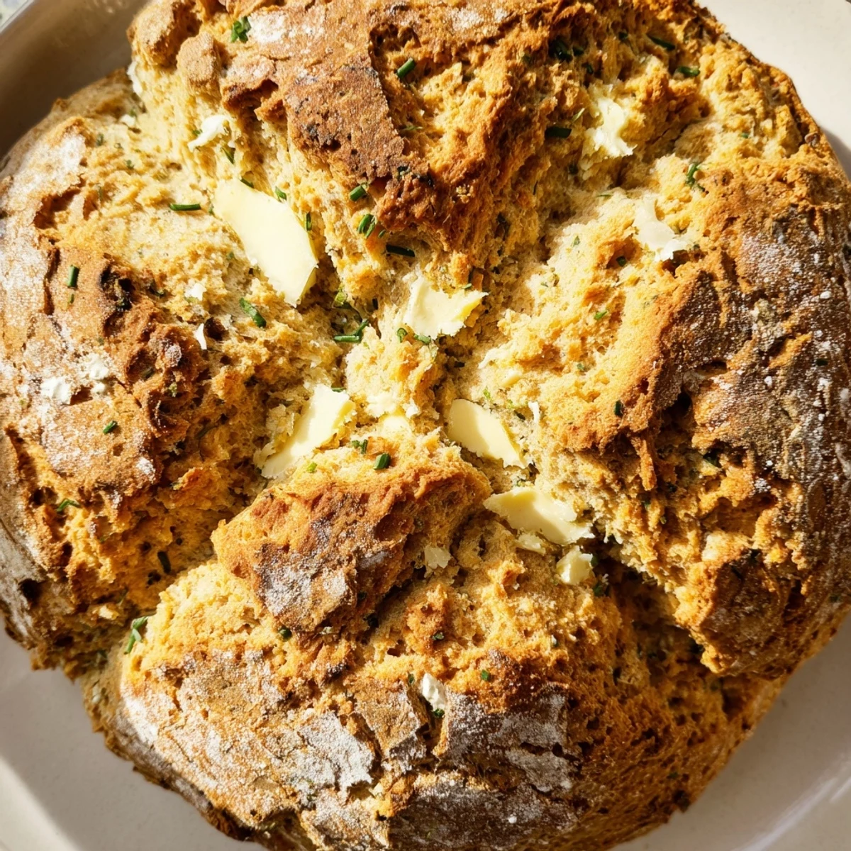 Golden brown Cheddar and Herb Soda Bread loaf with melted butter brushing the rustic cross-scored crust