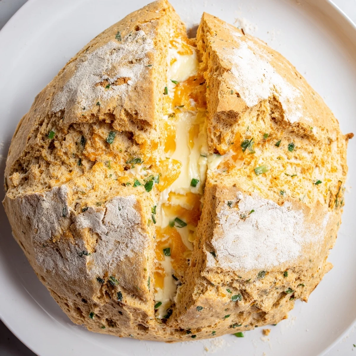 Freshly baked savory soda bread studded with sharp cheddar and chopped herbs on a wooden cutting board