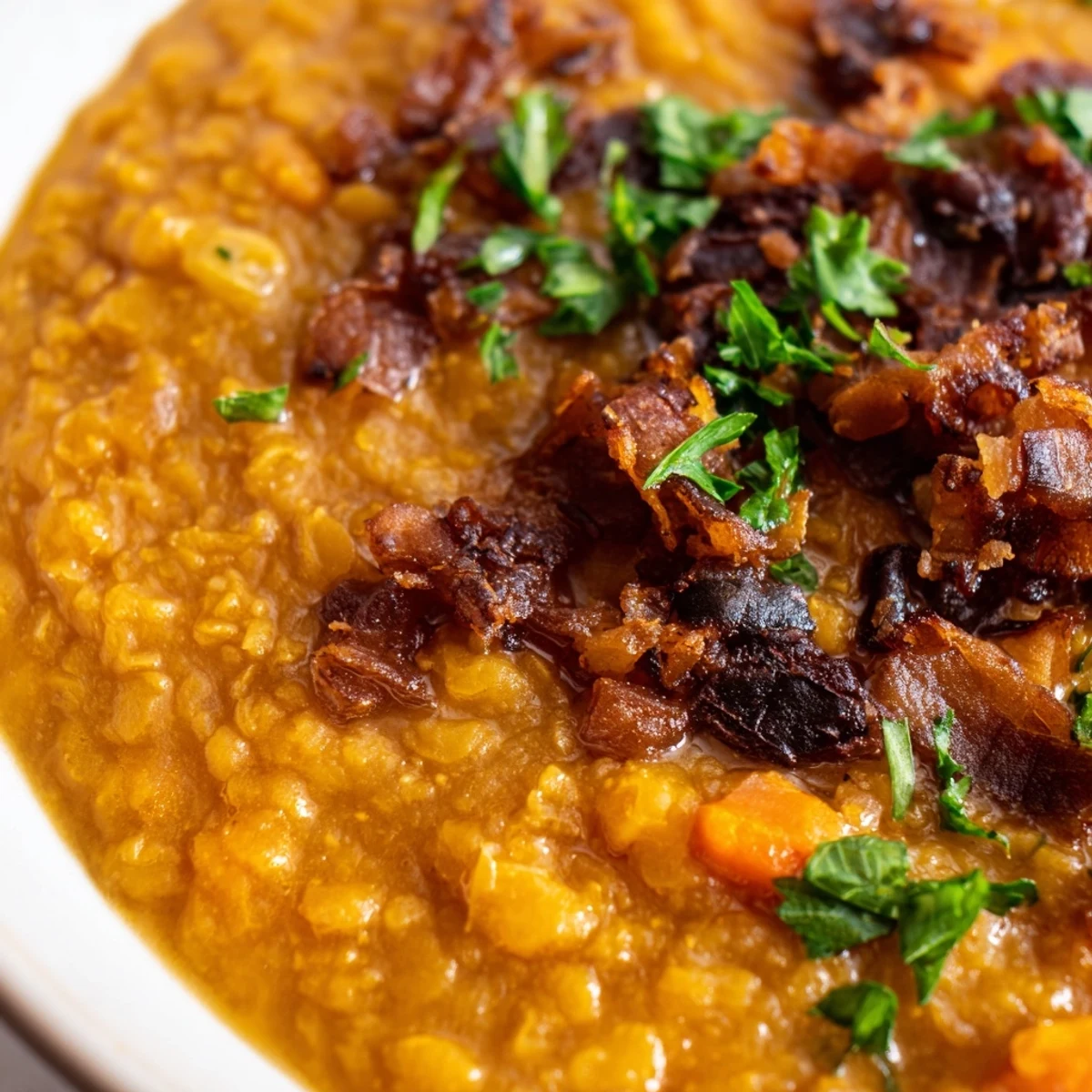 Velvety caramelized onion red lentil soup featuring golden onions and warming cumin spices