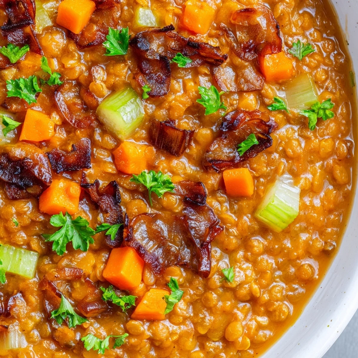 Bowl of caramelized onion red lentil soup garnished with fresh parsley and lemon