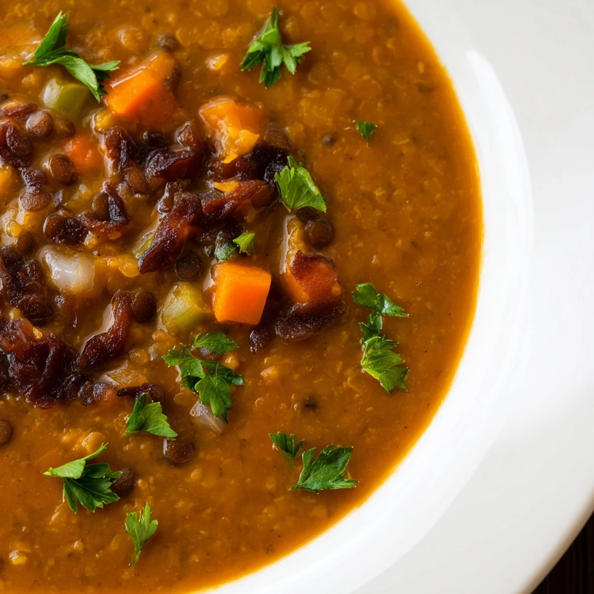Creamy vegetarian caramelized onion red lentil soup served in white bowl with crusty bread