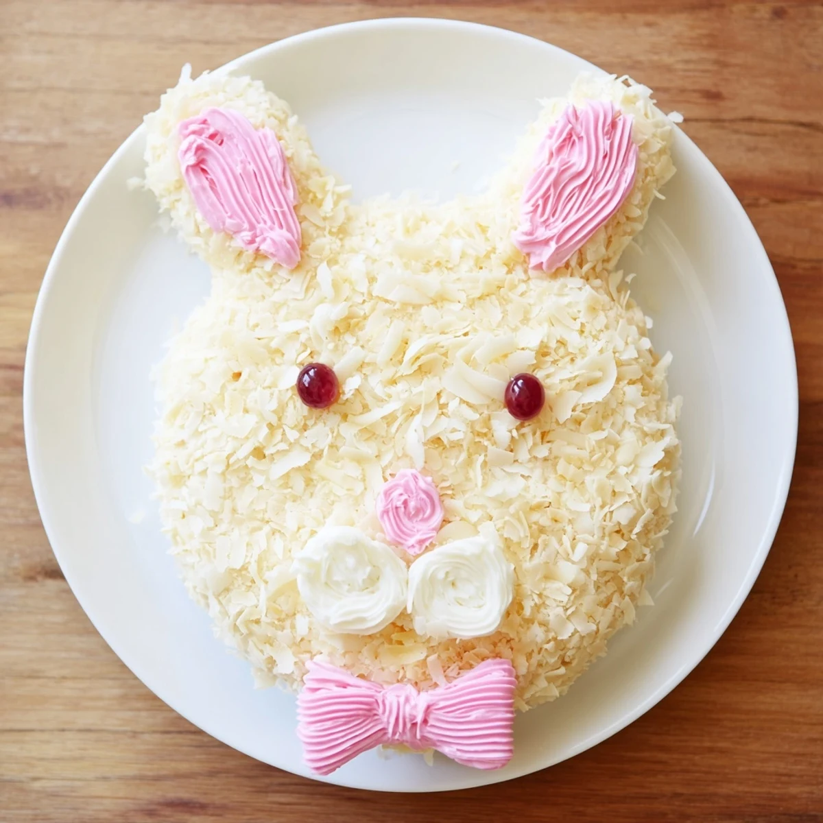Adorable white bunny cake with fluffy coconut fur and pink candy details on a serving platter