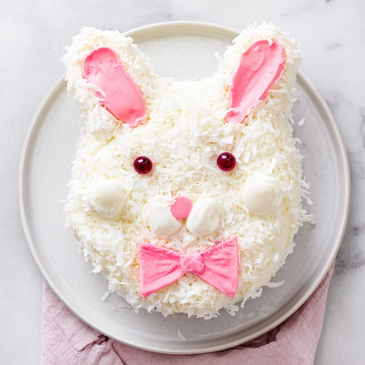 Whimsical vanilla bunny dessert with coconut fur, fondant ears, and jellybean face decorations