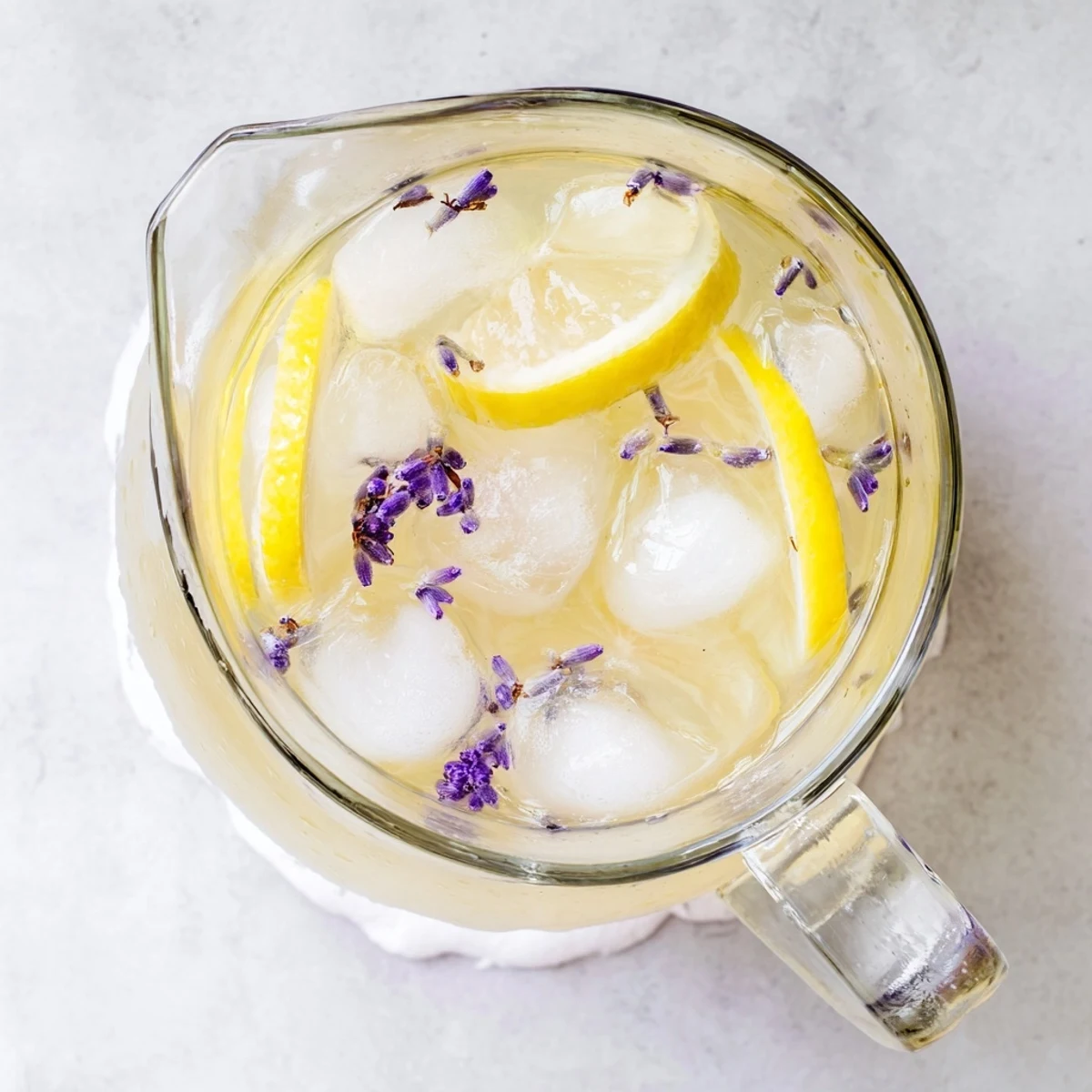 Glass pitcher of lavender lemonade garnished with fresh lemon slices and purple lavender sprigs over ice