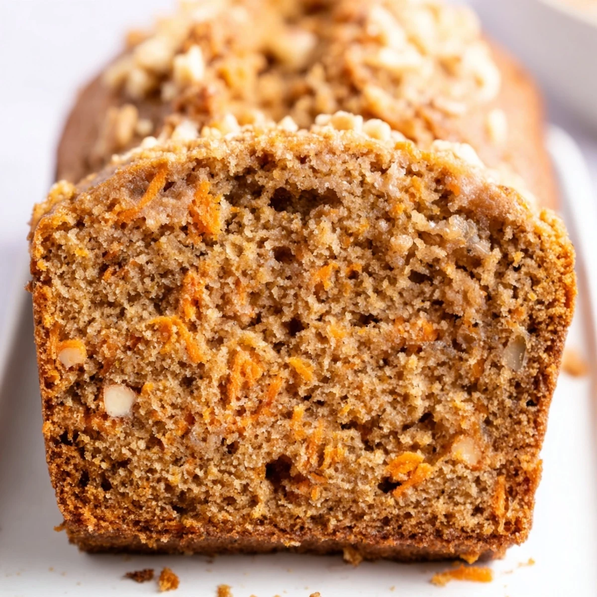 Moist banana bread swirled with shredded carrots and topped with chopped walnuts for a cozy breakfast treat