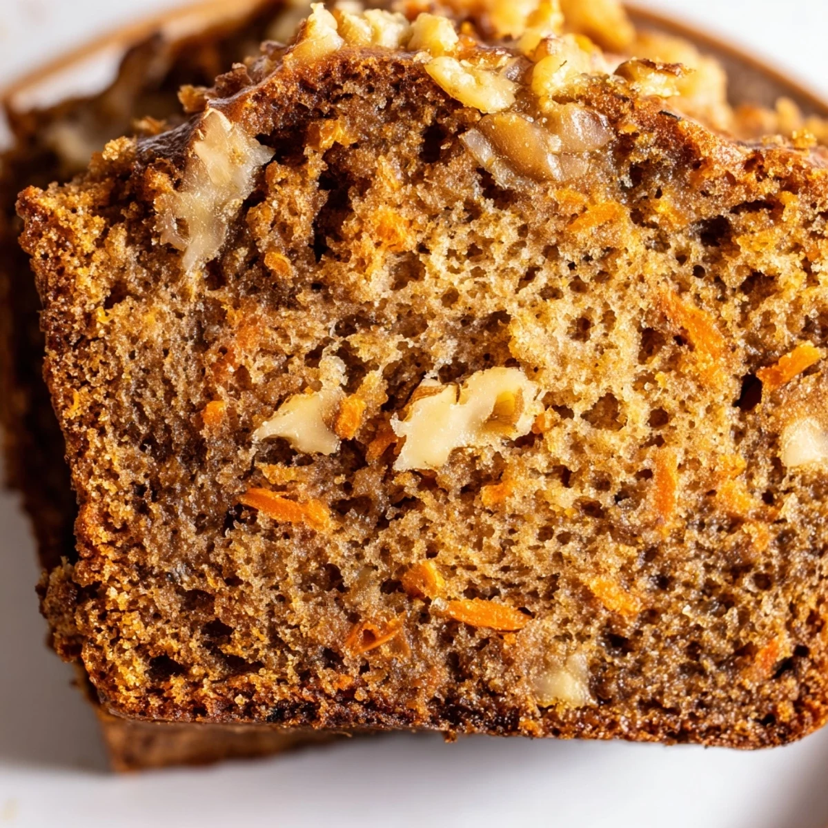 Golden carrot cake banana bread loaf with grated carrots and warm cinnamon spices on a wooden cutting board