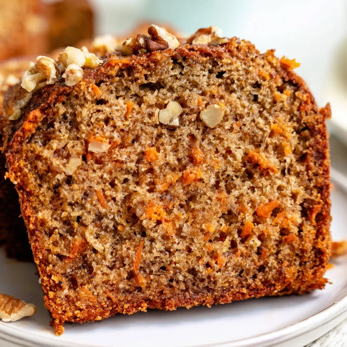 Sliced carrot cake banana bread revealing tender texture with specks of orange carrot and aromatic spices