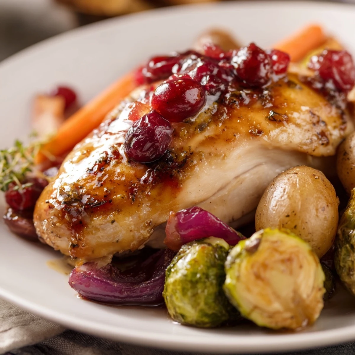 Golden chicken glazed with honey cranberries roasted with Brussels sprouts and potatoes on one pan