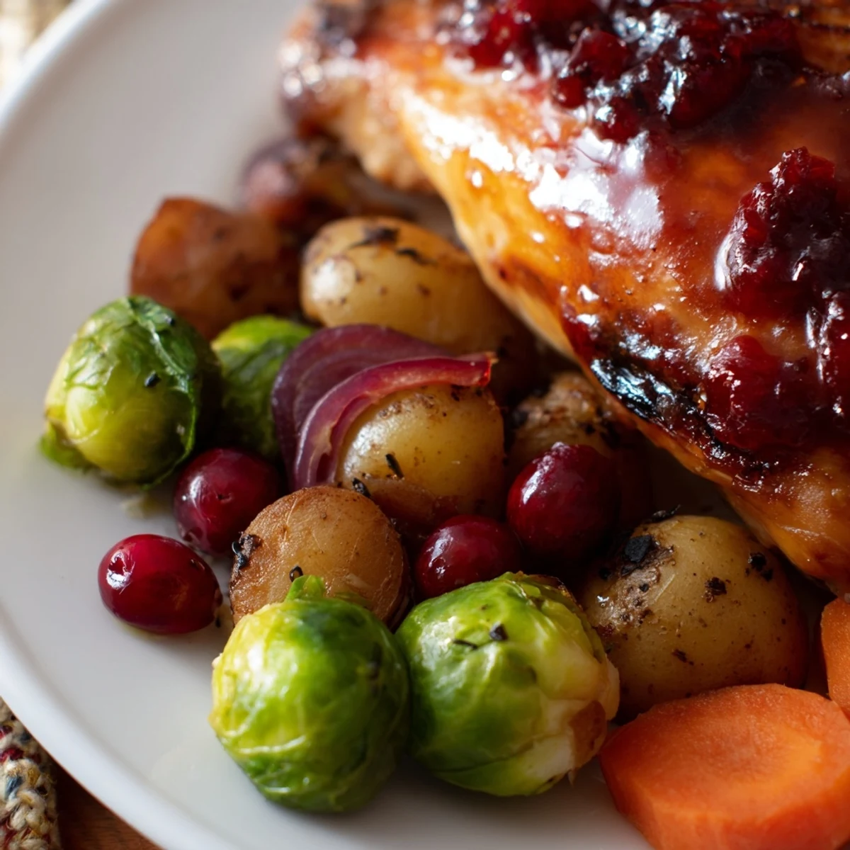 Juicy honey cranberry chicken thighs nestled among colorful roasted vegetables for an easy weeknight dinner