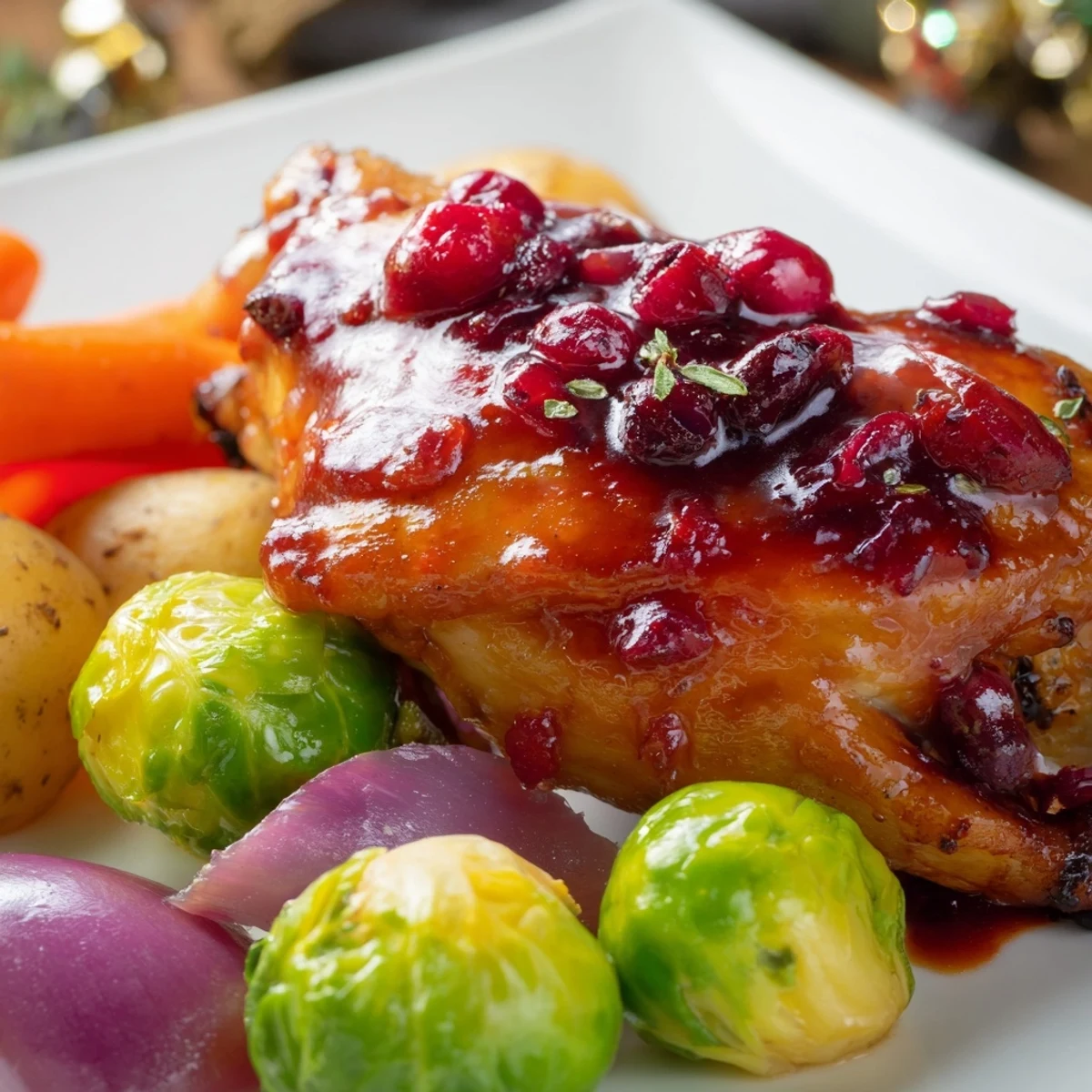 One pan honey cranberry chicken dinner with tender glazed meat and caramelized seasonal vegetables