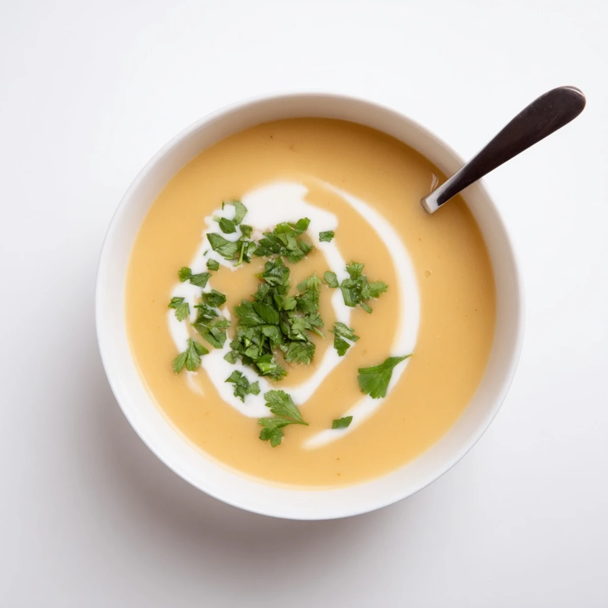 Velvety smooth spicy apple soup served with crusty bread and topped with fresh herb garnish