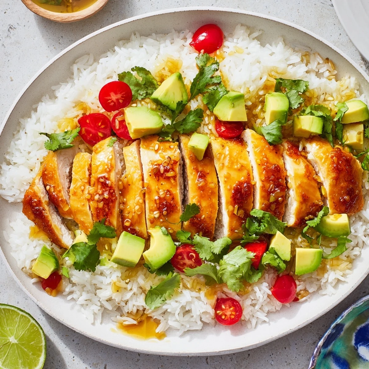 Vibrant honey lime chicken avocado rice stack with grilled chicken, fresh diced avocado, and garnish of red onion and cilantro