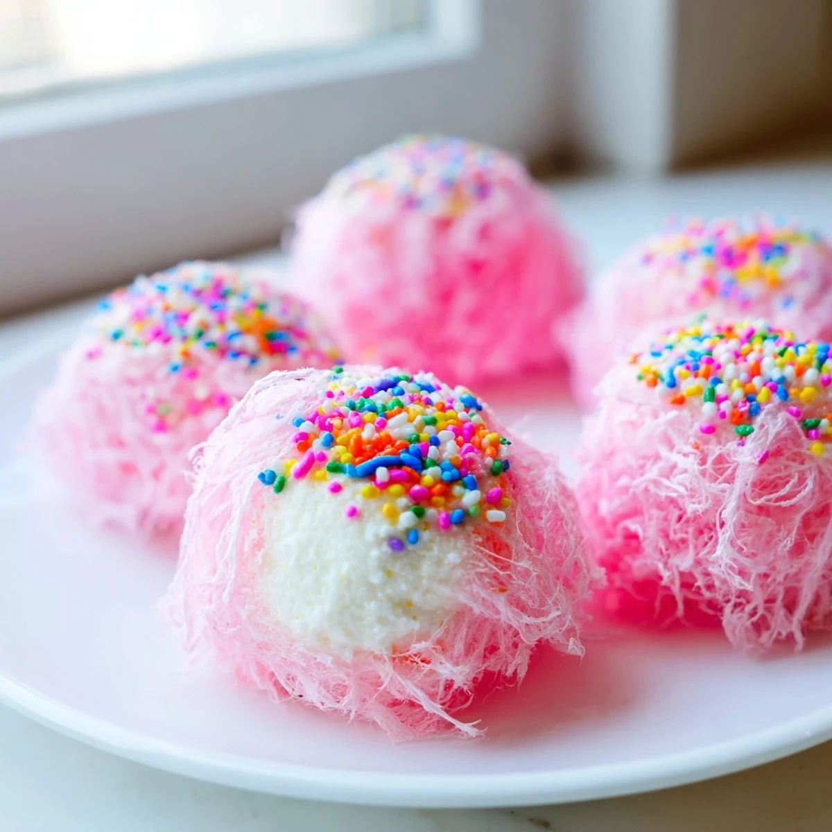Mini Cotton Candy Cheesecake Puff Balls with fluffy pink spun sugar coating on a white platter