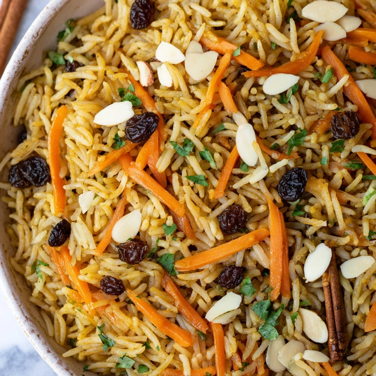 Golden Afghan rice topped with caramelized carrots, plump raisins, and aromatic spices