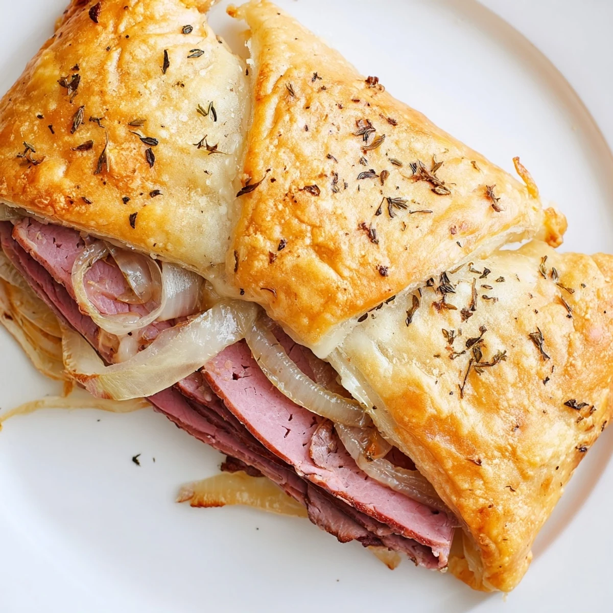 Golden beef and cheese French dip roll ups served with savory au jus dipping sauce on a rustic plate
