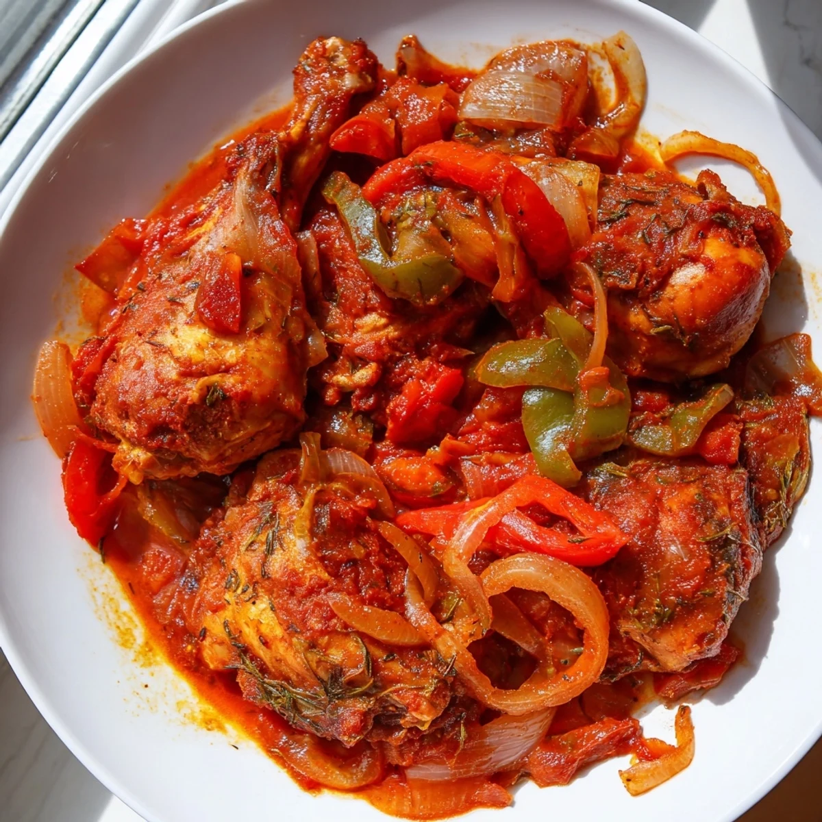 Golden Senegalese chicken simmered in rich tomato sauce with colorful bell peppers