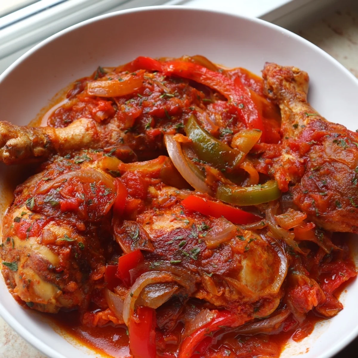 Tender Senegalese chicken thighs in aromatic spiced tomato gravy served over fluffy white rice