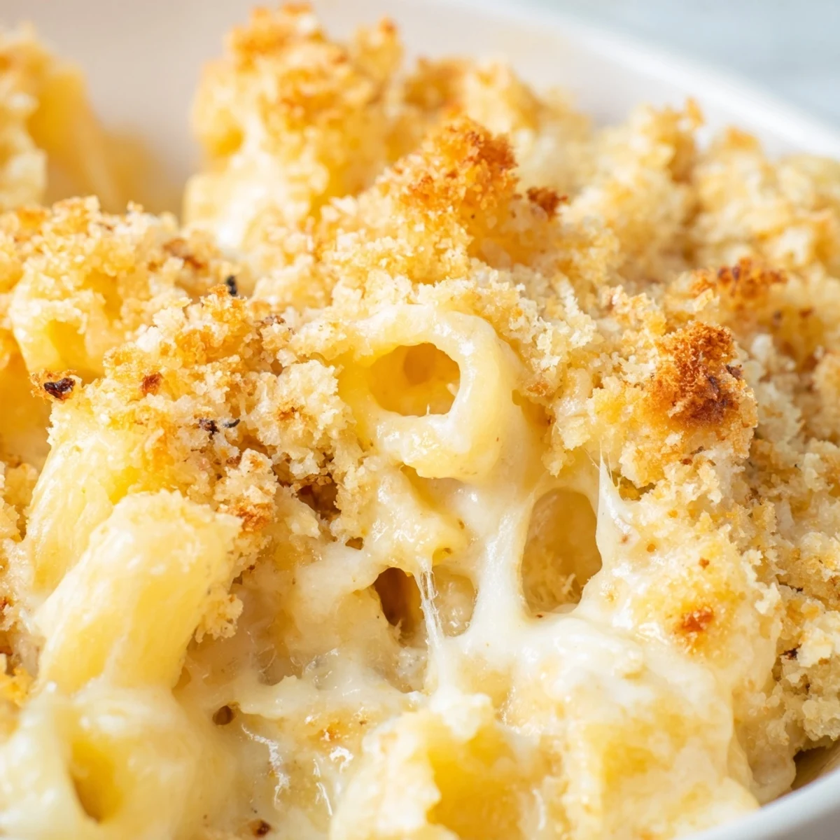 Golden bubbly three cheese baked macaroni with crispy panko topping fresh from oven