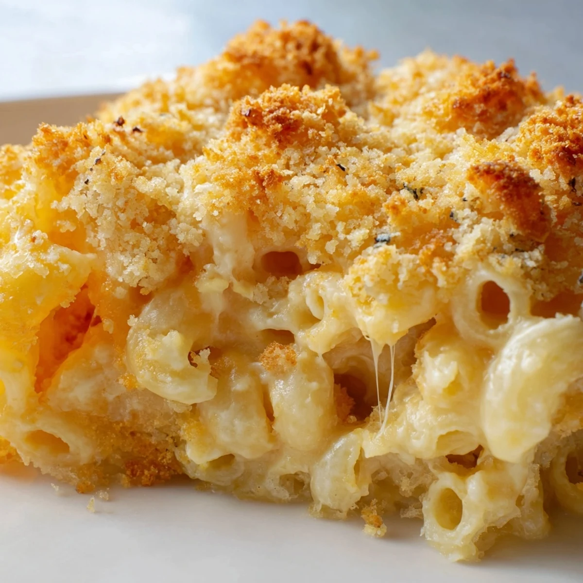 Creamy three cheese baked macaroni served steaming in white ceramic baking dish