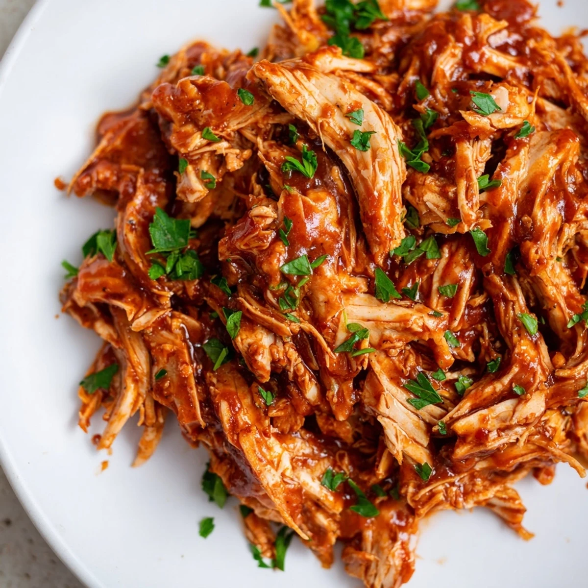 Tender Sweet Baby Ray's Crockpot Chicken glistening with sticky barbecue sauce on a white plate