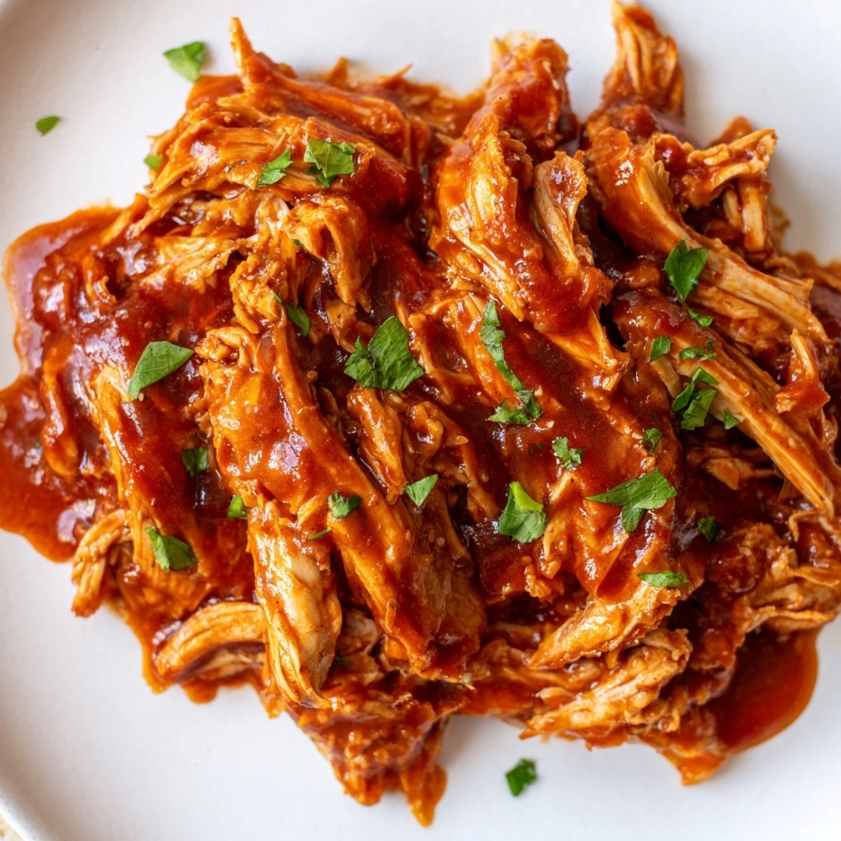 Savory Sweet Baby Ray's Crockpot Chicken garnished with fresh parsley in a rustic slow cooker