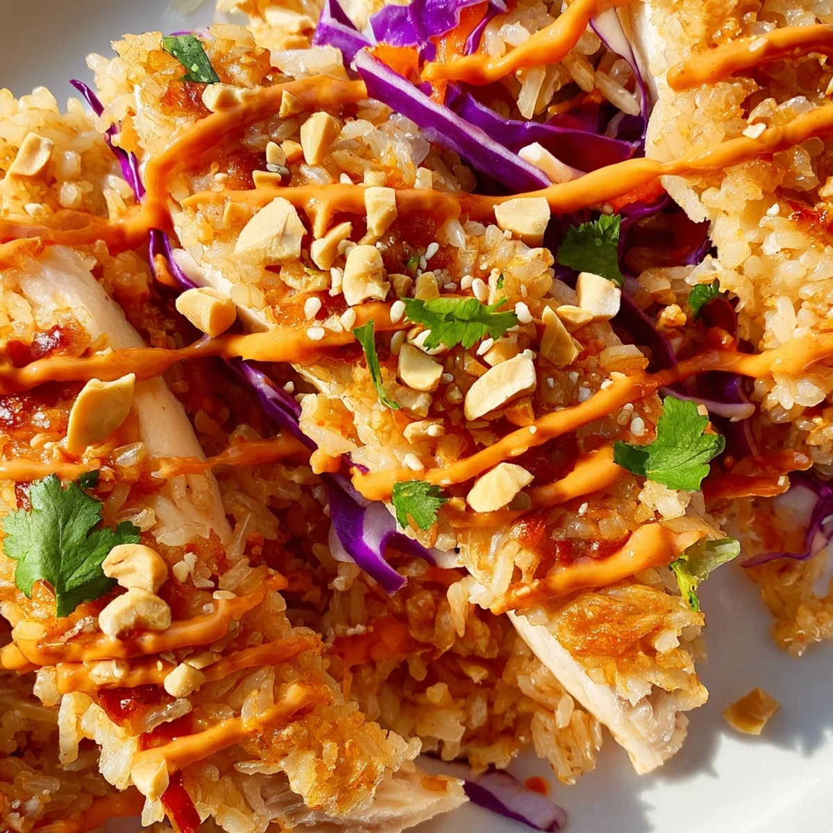 Golden crispy rice clusters atop colorful Bang Bang Chicken Crispy Rice Salad with creamy sauce