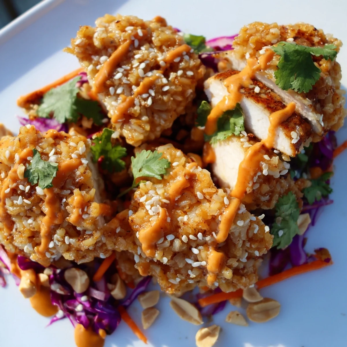 Sliced chicken breast nestled in vibrant vegetables with crispy rice and spicy drizzle