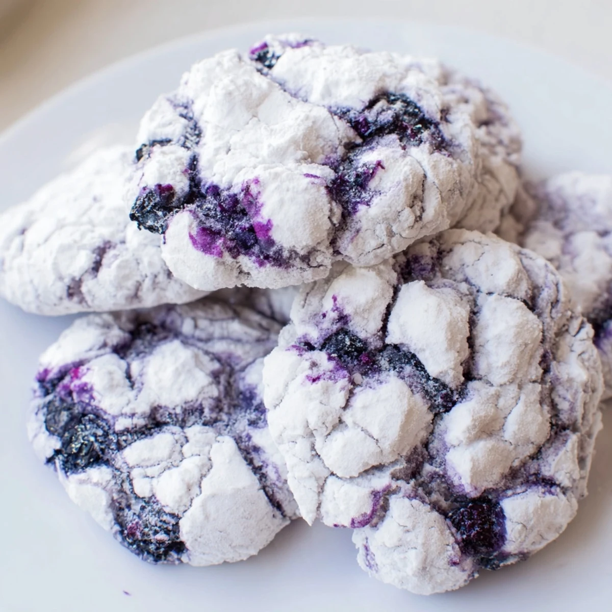 Soft blueberry crinkle cookies coated in powdered sugar with cracked surfaces and purple berry bursts