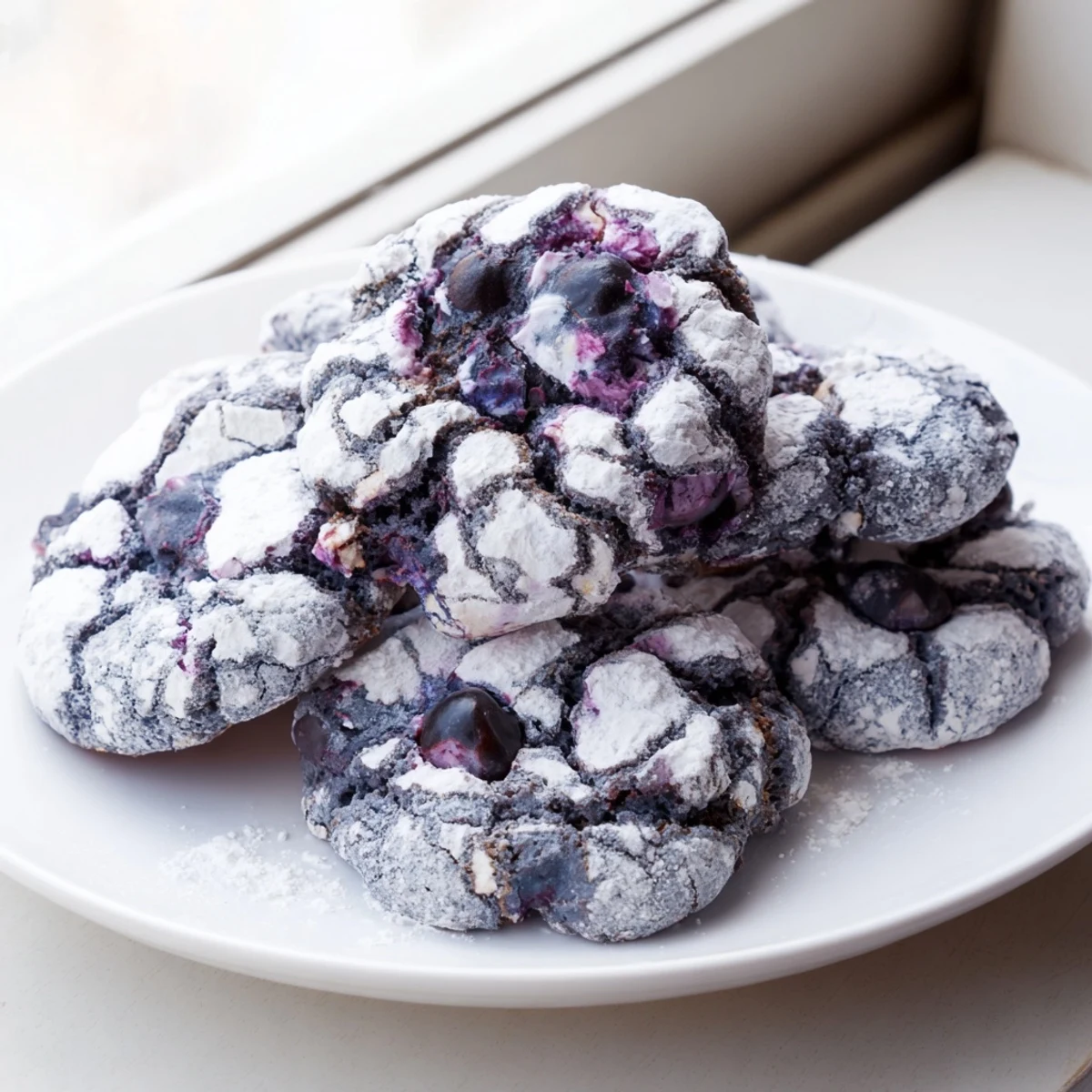 Chewy blueberry crinkle cookies with snowy powdered sugar coating arranged on rustic baking sheet