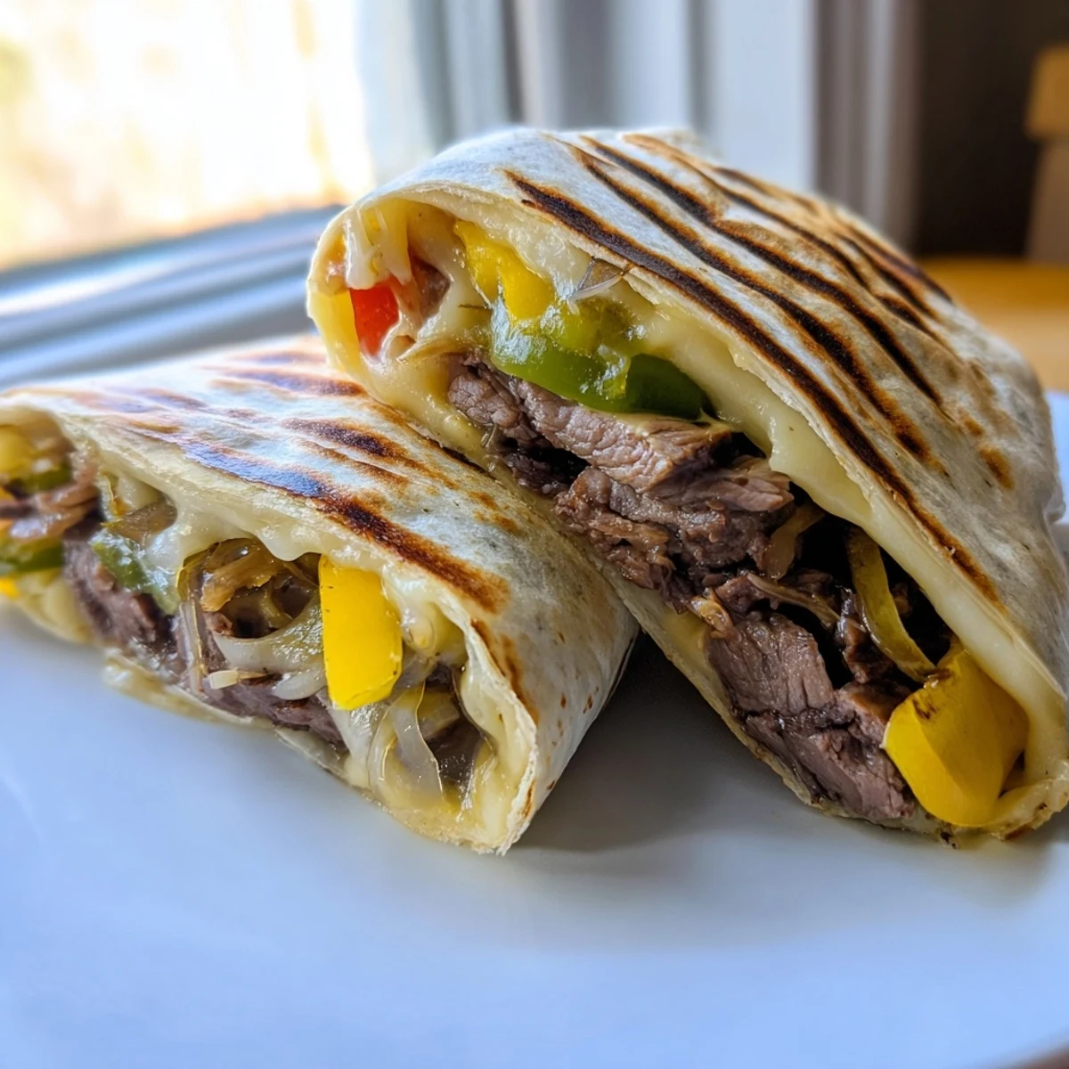 Golden crispy Philly cheesesteak grilled wraps sliced open with melted provolone cheese and peppers