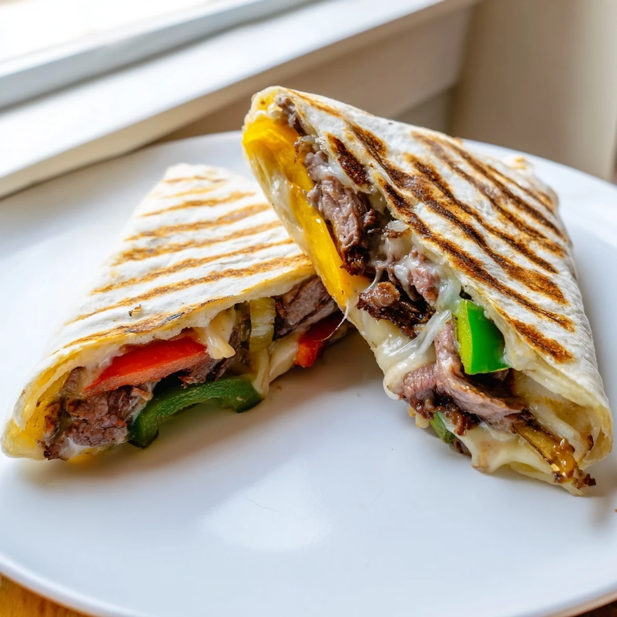 Crispy Philly cheesesteak grilled wraps served hot with golden grill marks and savory beef filling