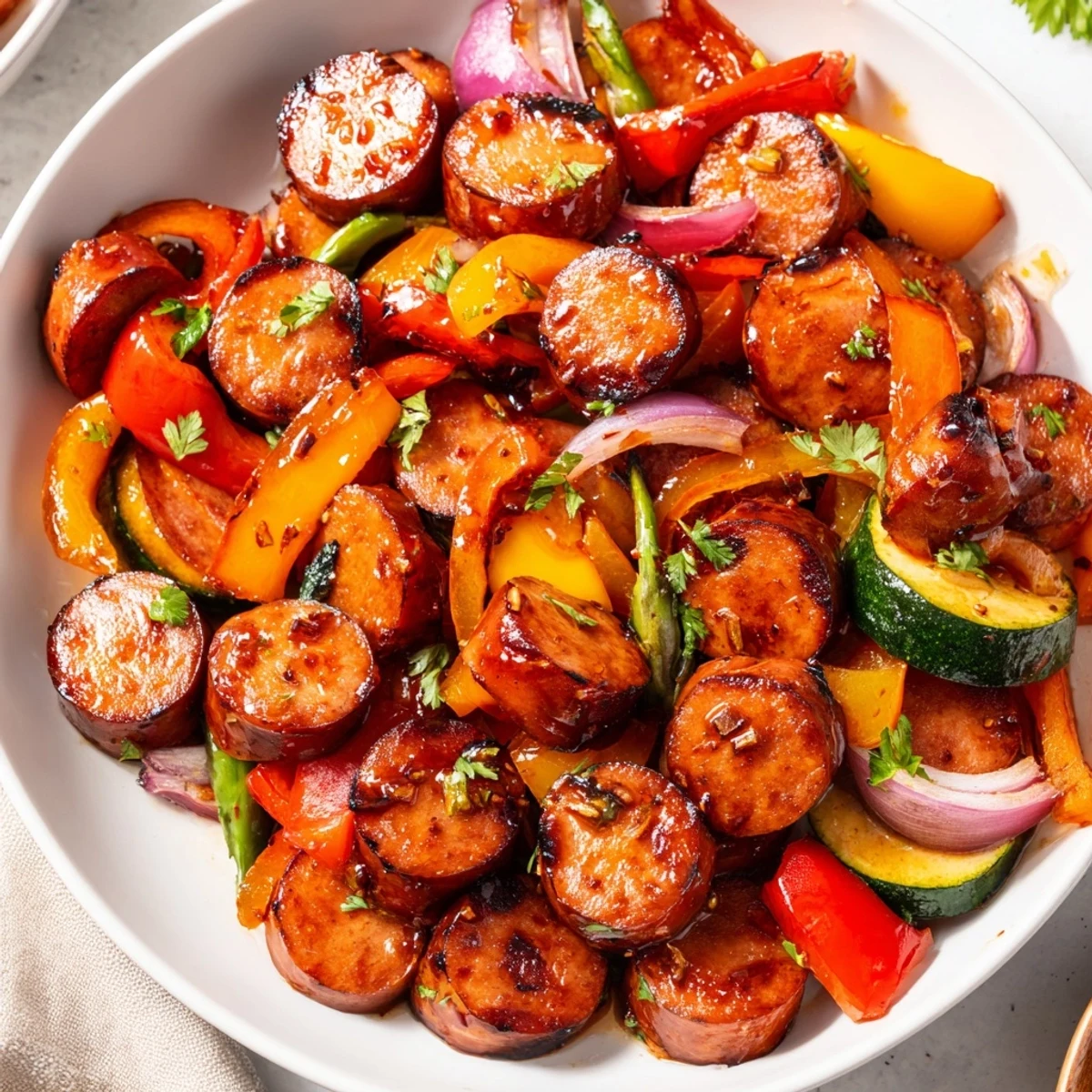 Glossy honey garlic kielbasa with vibrant bell peppers and tender vegetables in a cast iron skillet