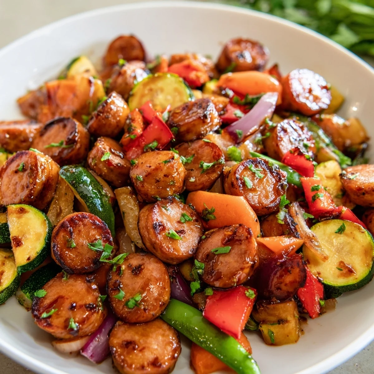 Smoky sliced kielbasa coated in a sticky honey garlic glaze alongside colorful roasted vegetables