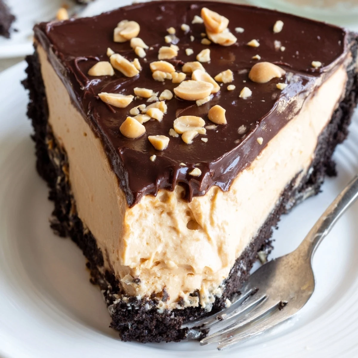 Creamy no bake peanut butter pie slice topped with glossy chocolate ganache and chopped peanuts