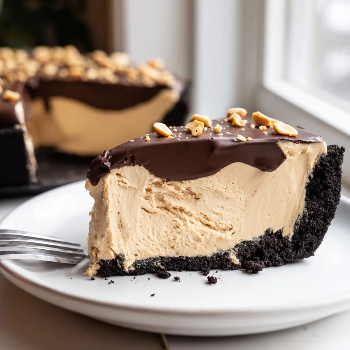 No bake peanut butter pie with fluffy filling in a chocolate cookie crumb crust