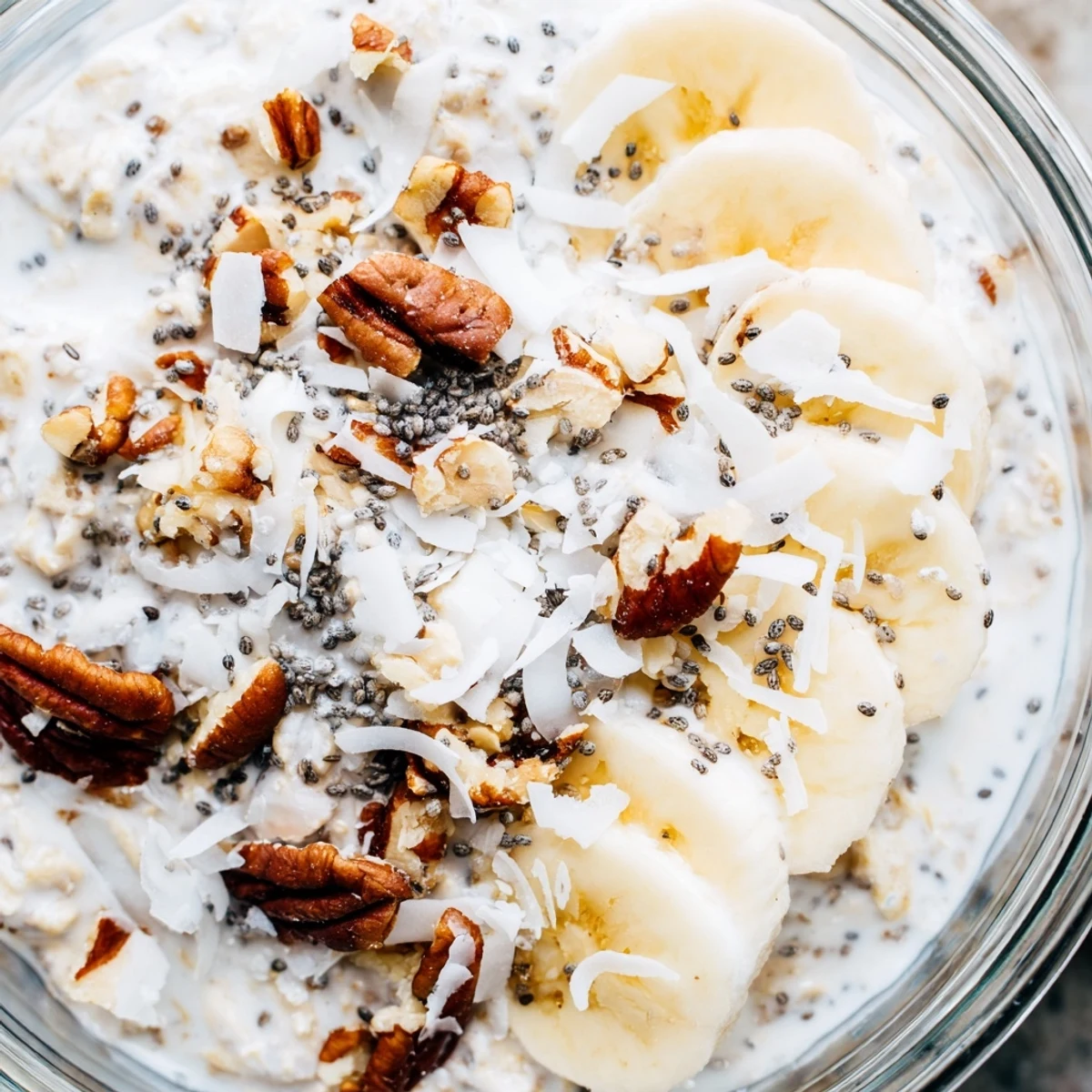 Creamy coconut cream pie overnight oats topped with toasted coconut flakes and chopped pecans in a mason jar