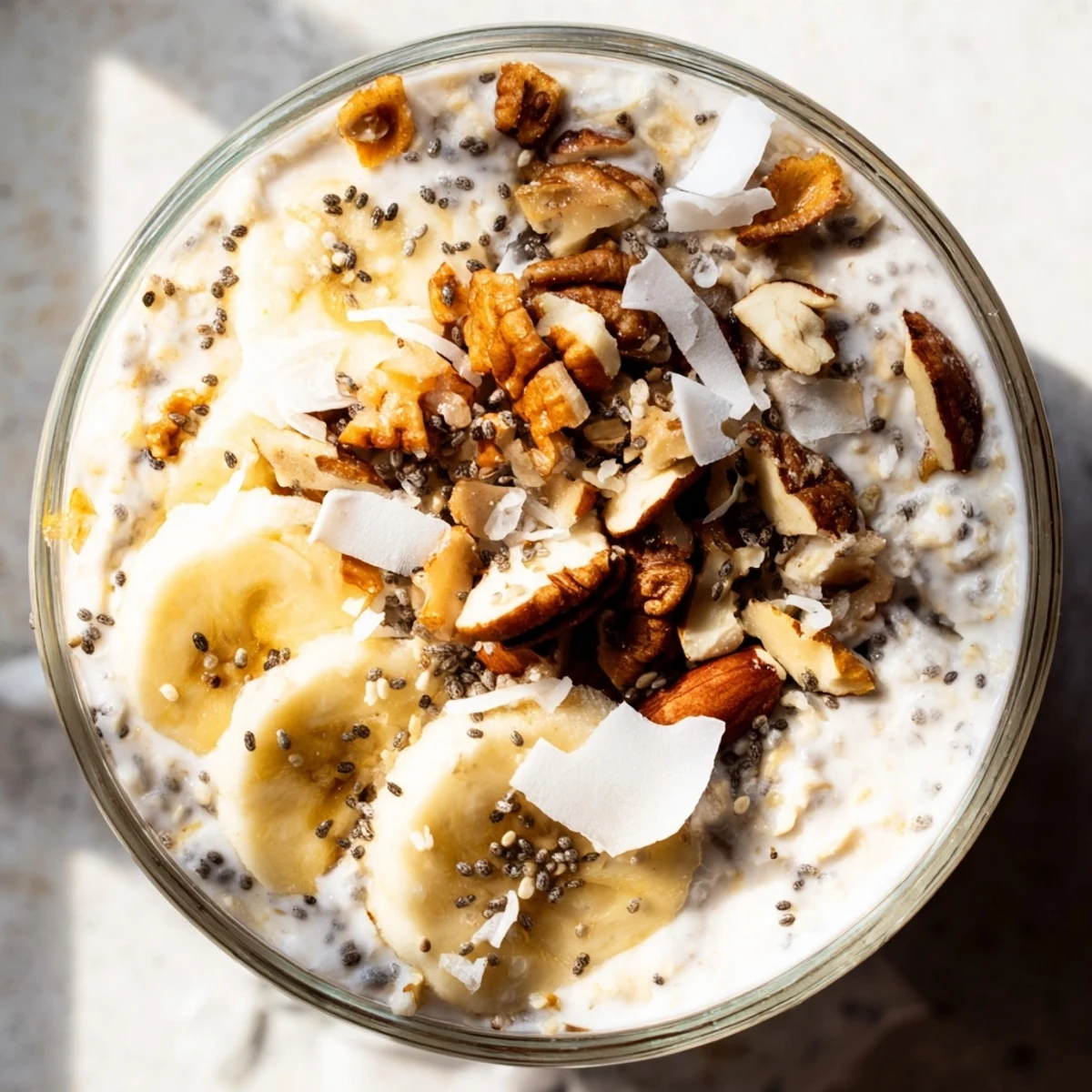 Thick coconut cream pie overnight oats served cold with crunchy nuts and a sprinkle of shredded coconut