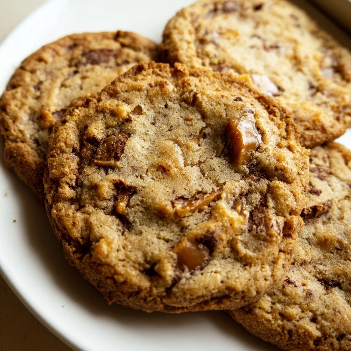 Golden espresso shortbread cookies with melted toffee chunks on a rustic wooden serving board
