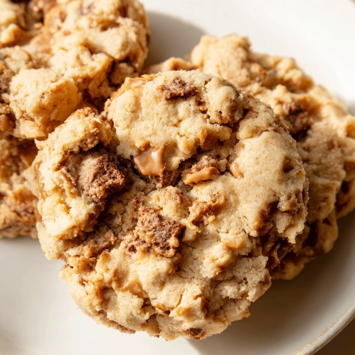 Crisp espresso shortbread cookies studded with sweet toffee pieces beside a steaming mug