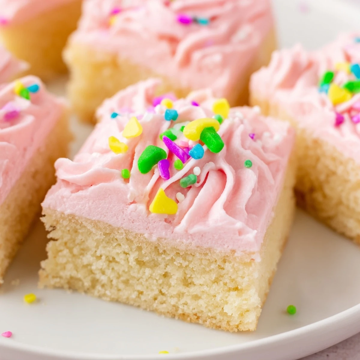 Soft Easter sugar cookie bars with swirled pastel frosting and colorful sprinkles on a white platter