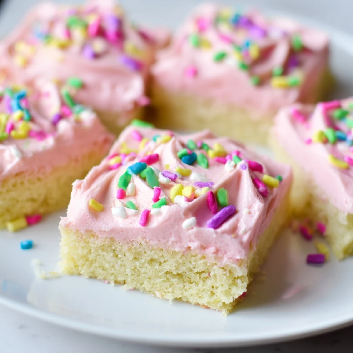 Thick-cut Easter sugar cookie bars featuring creamy pink and yellow frosting topped with festive sprinkles