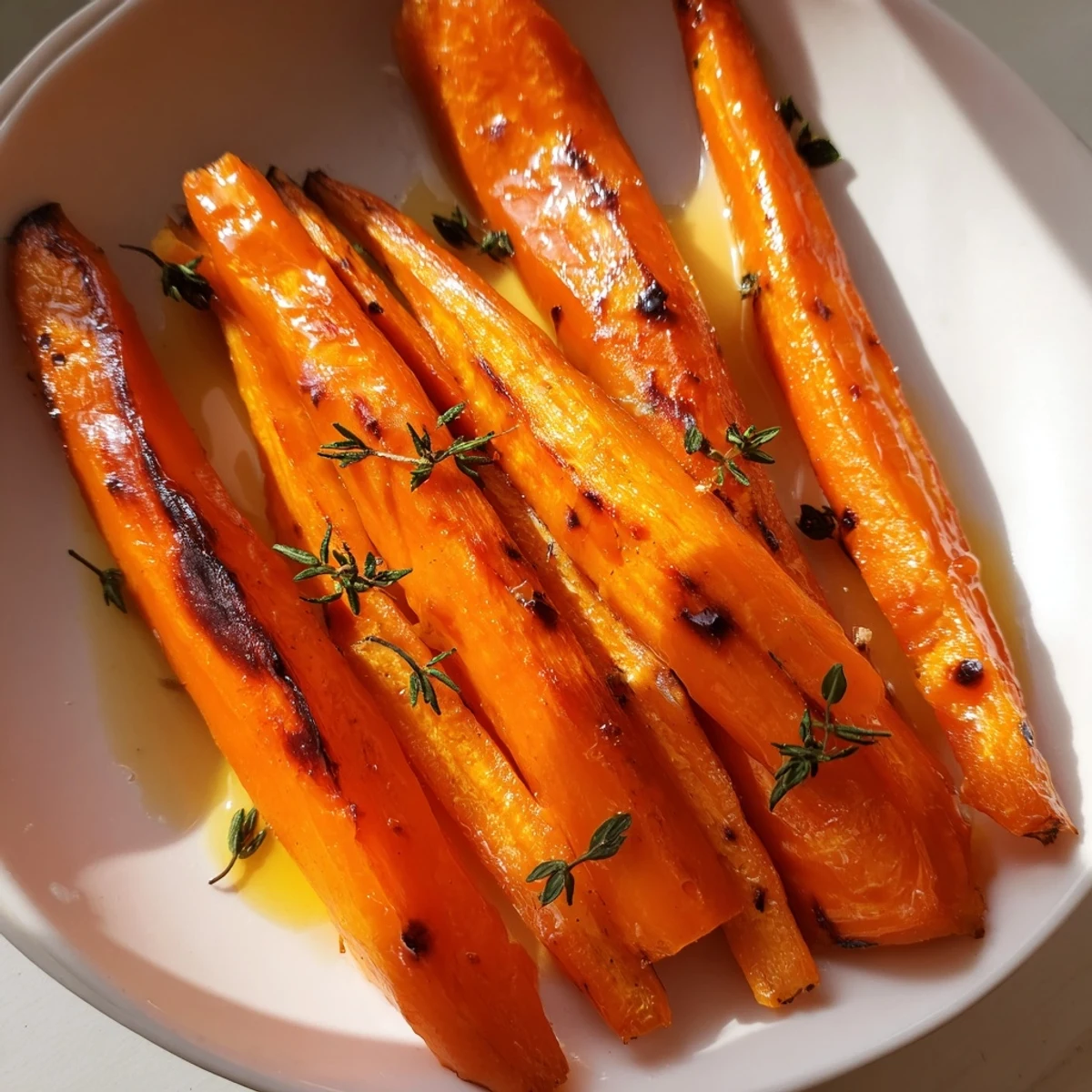 Honey roasted carrots glistening with golden glaze and fresh herbs on a white serving platter