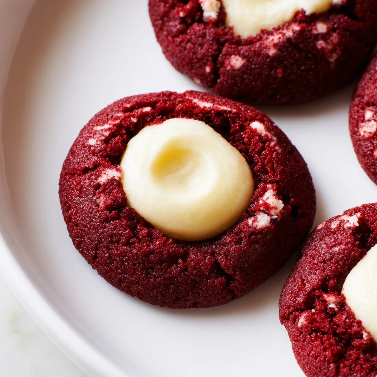 Red velvet thumbprint cookies with creamy cheesecake filling on a rustic white platter