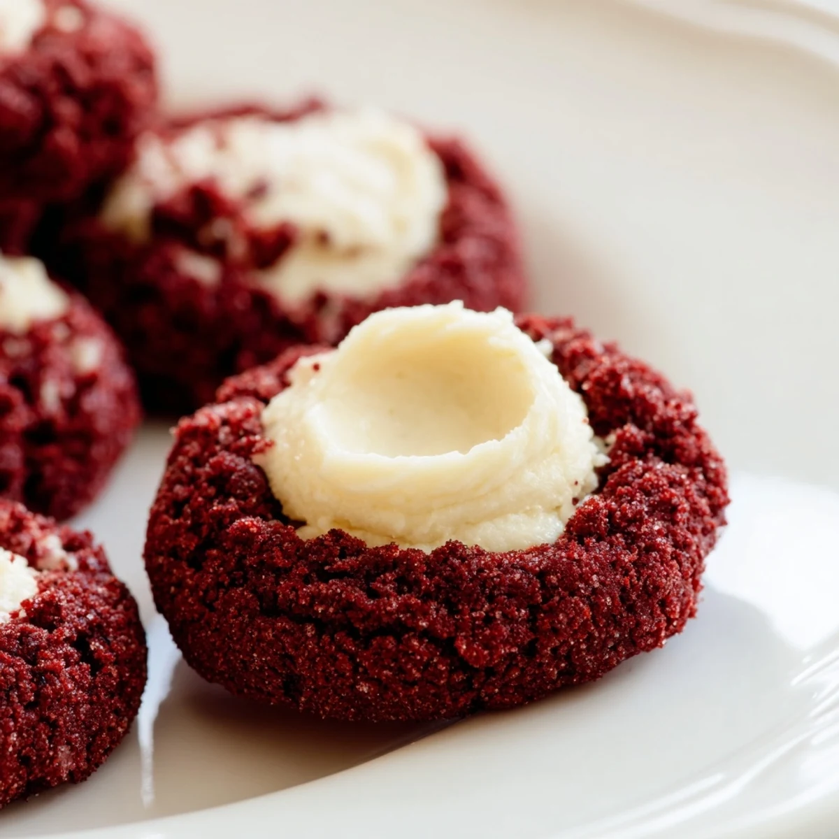 Bright red velvet thumbprint cookies fresh from the oven with tender golden edges