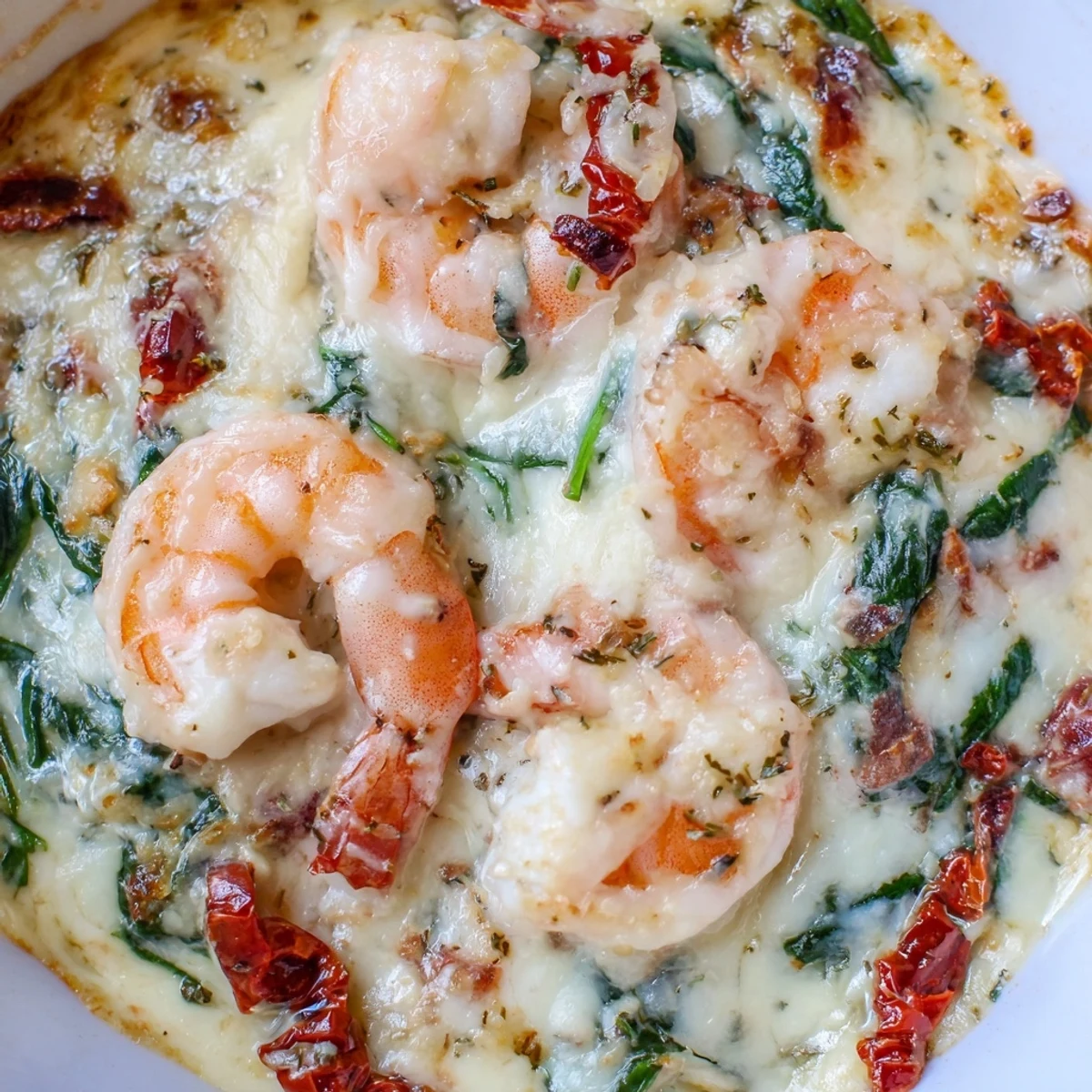 Creamy Low Carb Shrimp Tuscan Bake with melted mozzarella bubbling in a rustic dish