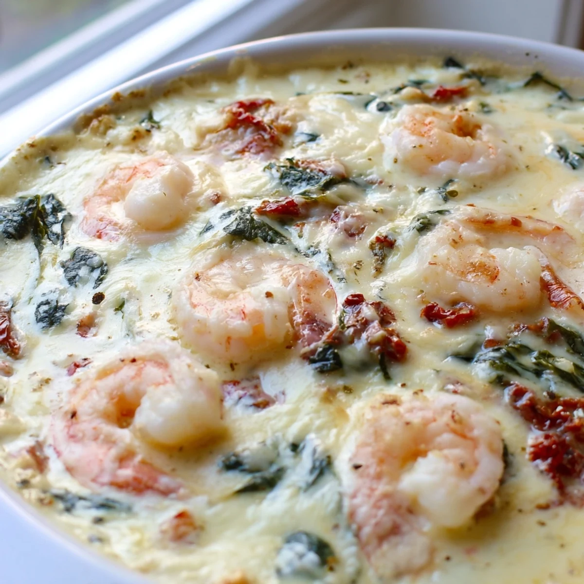 Golden Low Carb Shrimp Tuscan Bake topped with melted cheese and fresh spinach