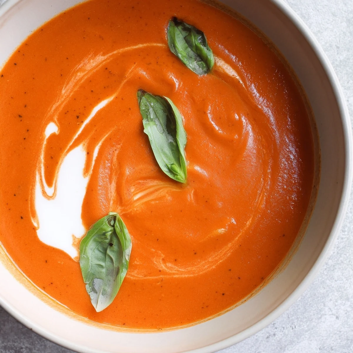 Creamy fire roasted tomato soup in a rustic bowl topped with fresh basil leaves