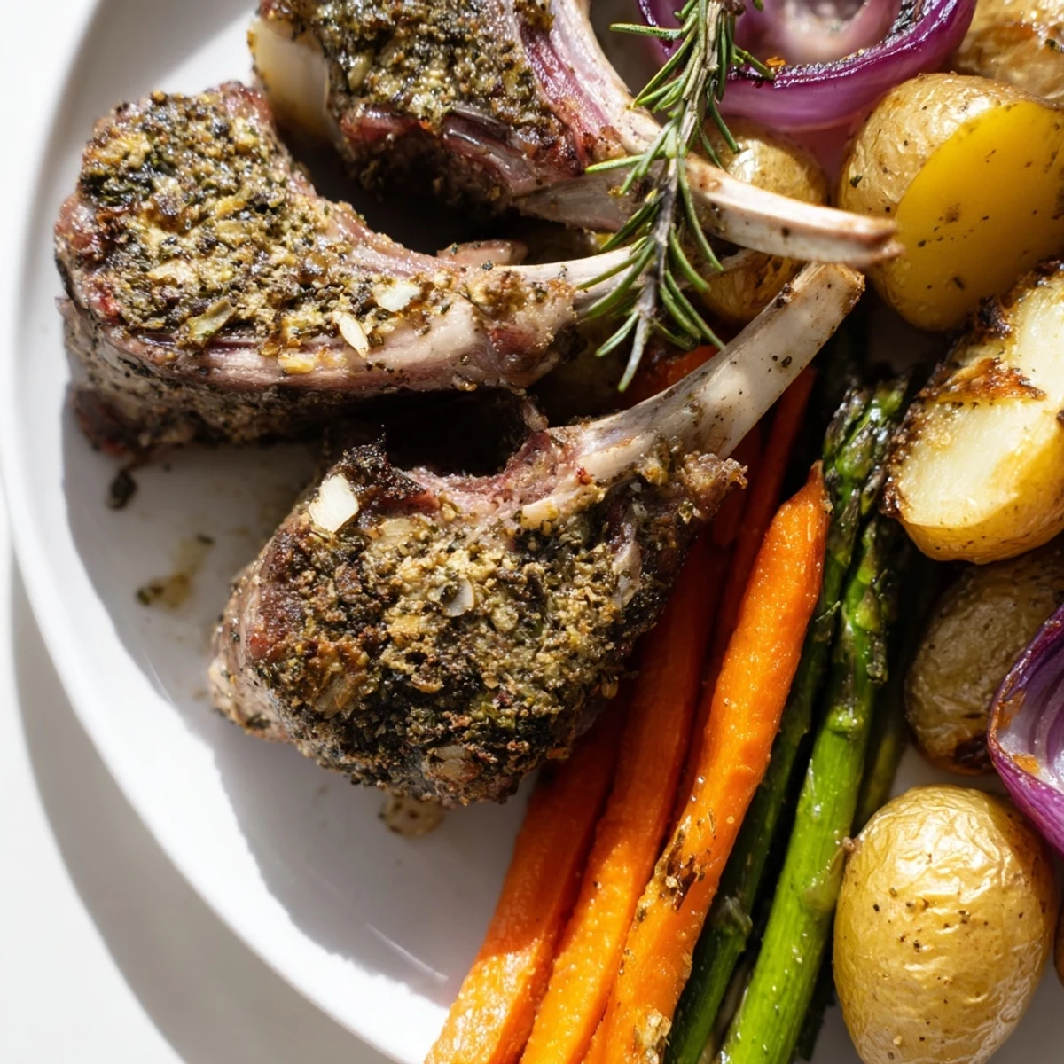 Festive Easter sheet pan dinner with herb-roasted lamb and colorful vegetables.